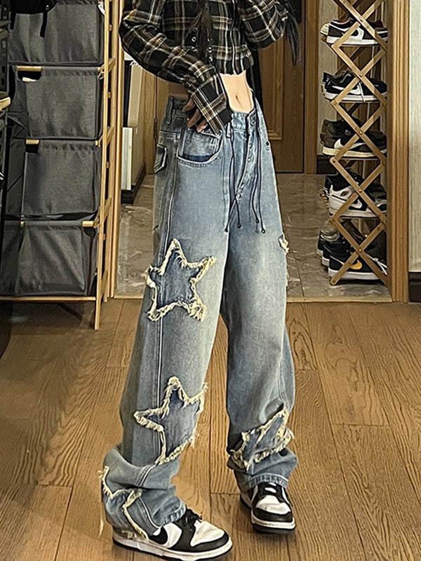 Vintage Wash Distressed Star Patch Boyfriend Jeans Product Image