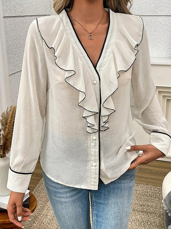 Long Sleeves Loose Buttoned Ruffle Trim V-Neck Blouses&Shirts Tops Product Image