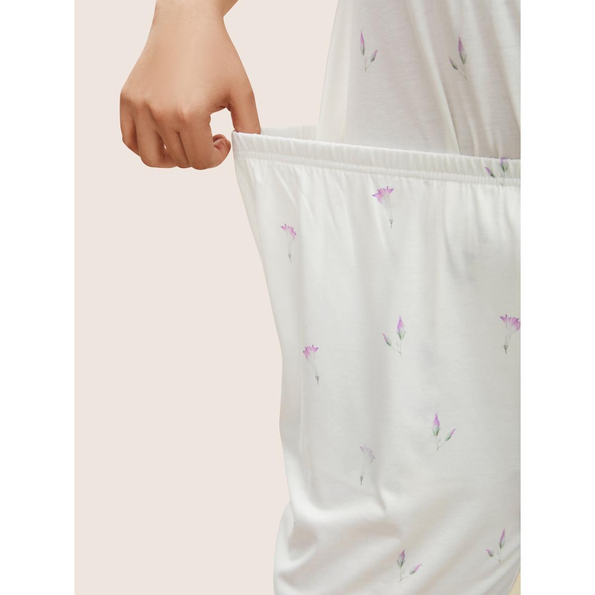 Plus Size Floral Pleated Button Detail Loungewear Set Women White Contrast Short sleeve Round Neck Lounge Loungewear Sets BloomChic 10/M Product Image