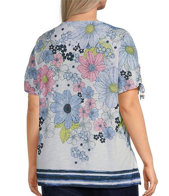 Allison Daley Plus Size Daisy Cascade Border Print Short Ruched Tie Sleeve Crew Neck Knit Top Product Image