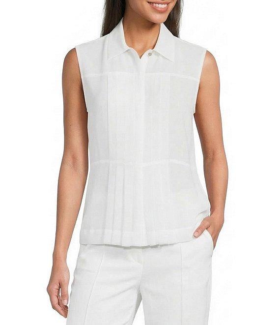 Calvin Klein Pleated Chiffon Point Collar Sleeveless Button Front Shirt Product Image