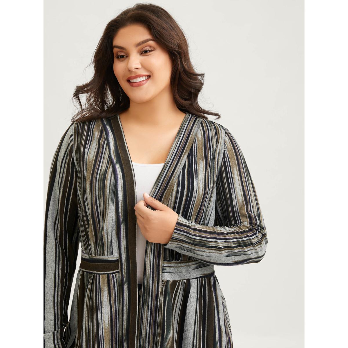 Plus Size Colored Striped Open Front Waist Defining Jacket Women Multicolor Contrast Bodycon Side seam pocket Casual Jackets BloomChic 12/L Product Image