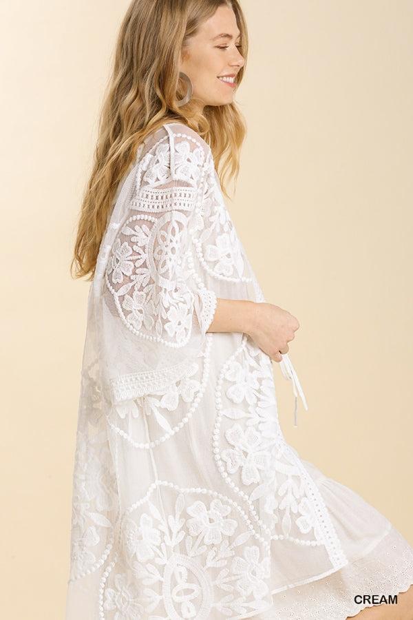 1136   ReeAnn Floral Lace Kimono w/ Waist Tie - Reg & Plus Product Image