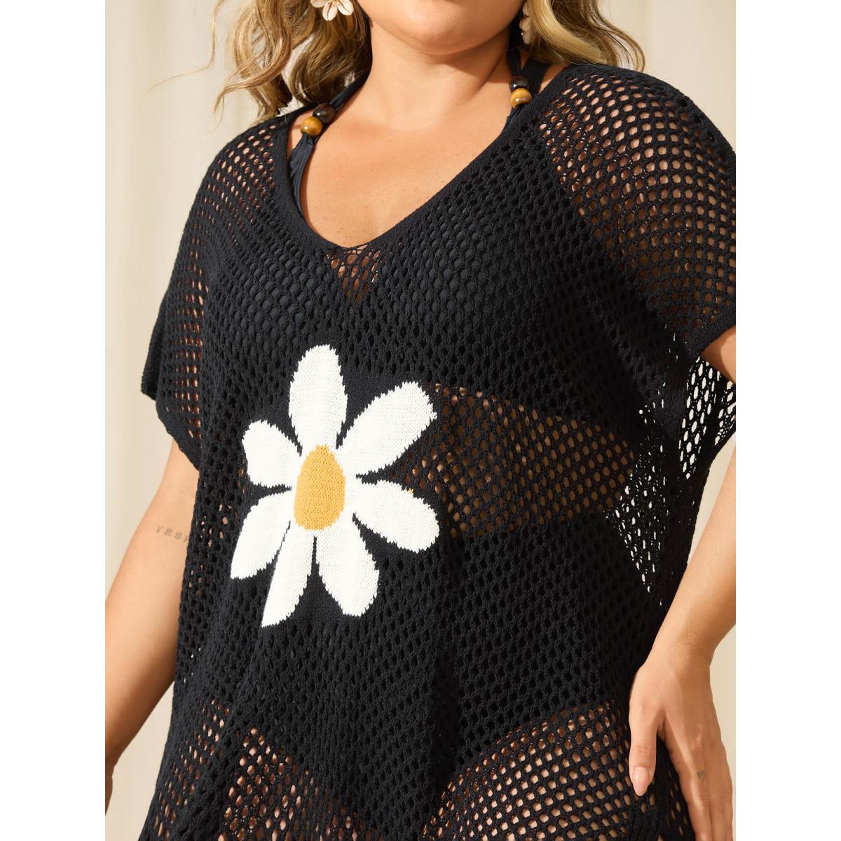 Plus Size Floral Jacquard Pattern Cut-Out Swim Cover-Up Women's Swimwear Black Beach Loose Cut-Out Curve Swim Cover Ups BloomChic 30/6X Product Image