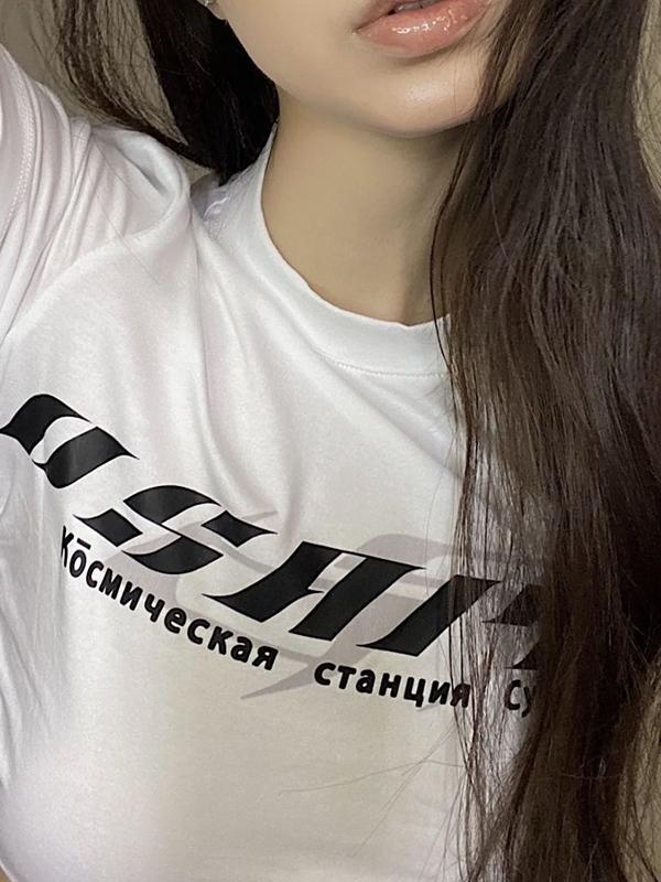 Letter Print Ruched Cropped Short Sleeve Tee Product Image