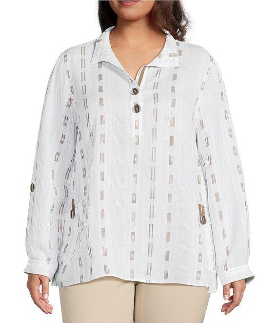 Ali Miles Plus Size Stripe Dotted Geometric Wire Collar 3/4 Roll-Tab Sleeve Tunic Product Image