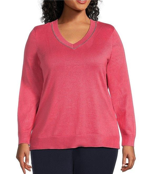Investments Plus Size Jeweled V-Neck Long Sleeve Pullover Top Product Image