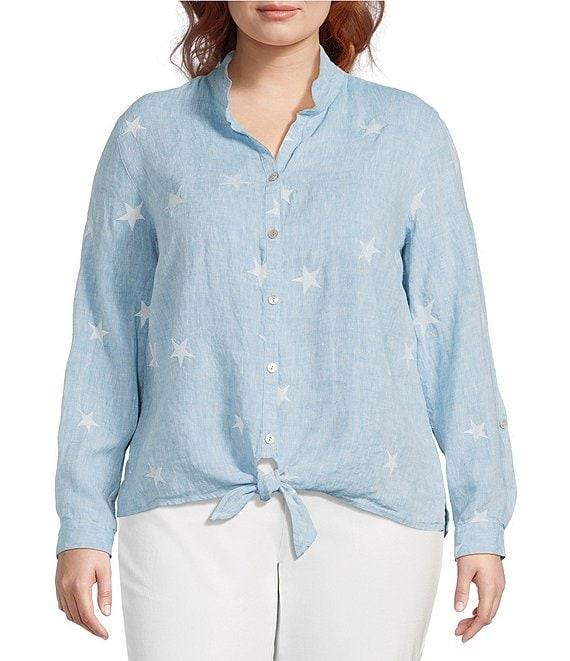 John Mark Plus Size Allover Embroidered Stars Wire Collar Long Roll-Tab Sleeve Button Front Tie Blouse Product Image