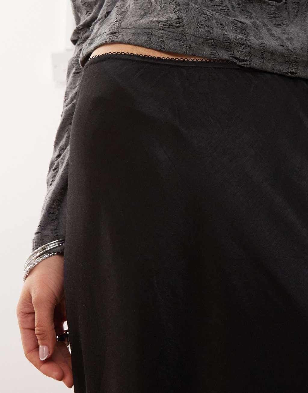 Monki satin bias cut maxi skirt in black Product Image