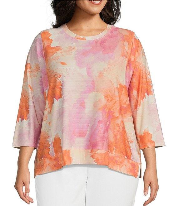 Westbound Plus Size Watercolor Dahlia Knit 3/4 Sleeve Crew Neck Ribbed Detail Print Top Product Image