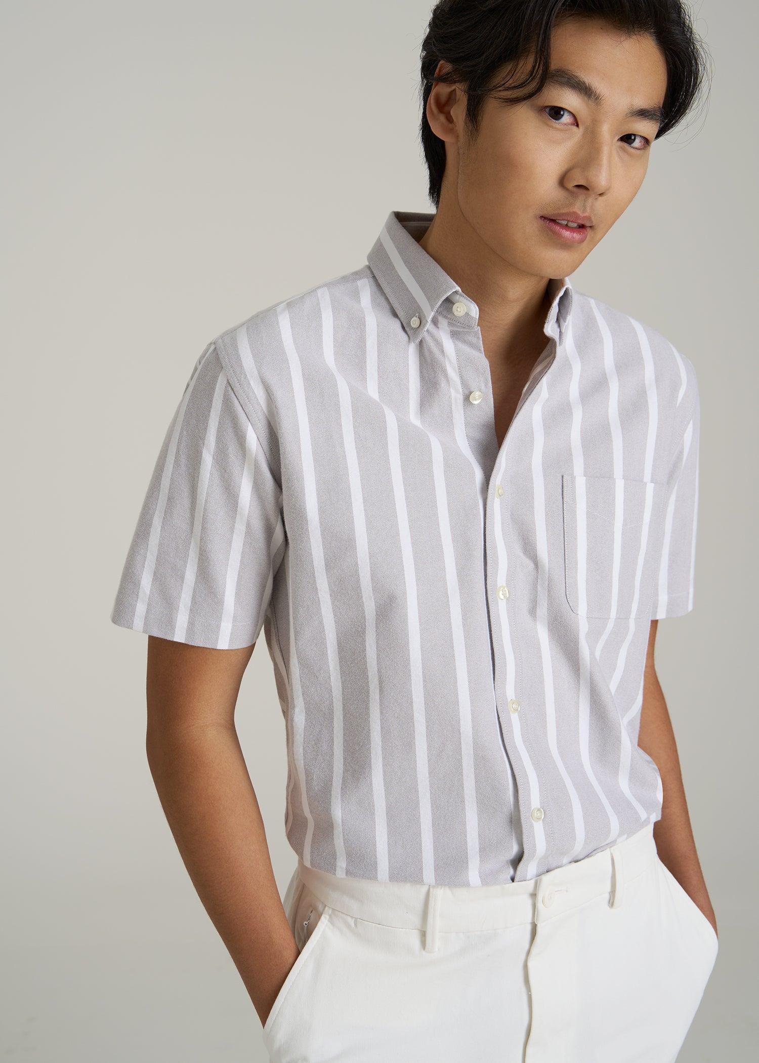 Short Sleeve Oxford Button Shirt For Tall Men in Bold Grey Stripe Male Product Image