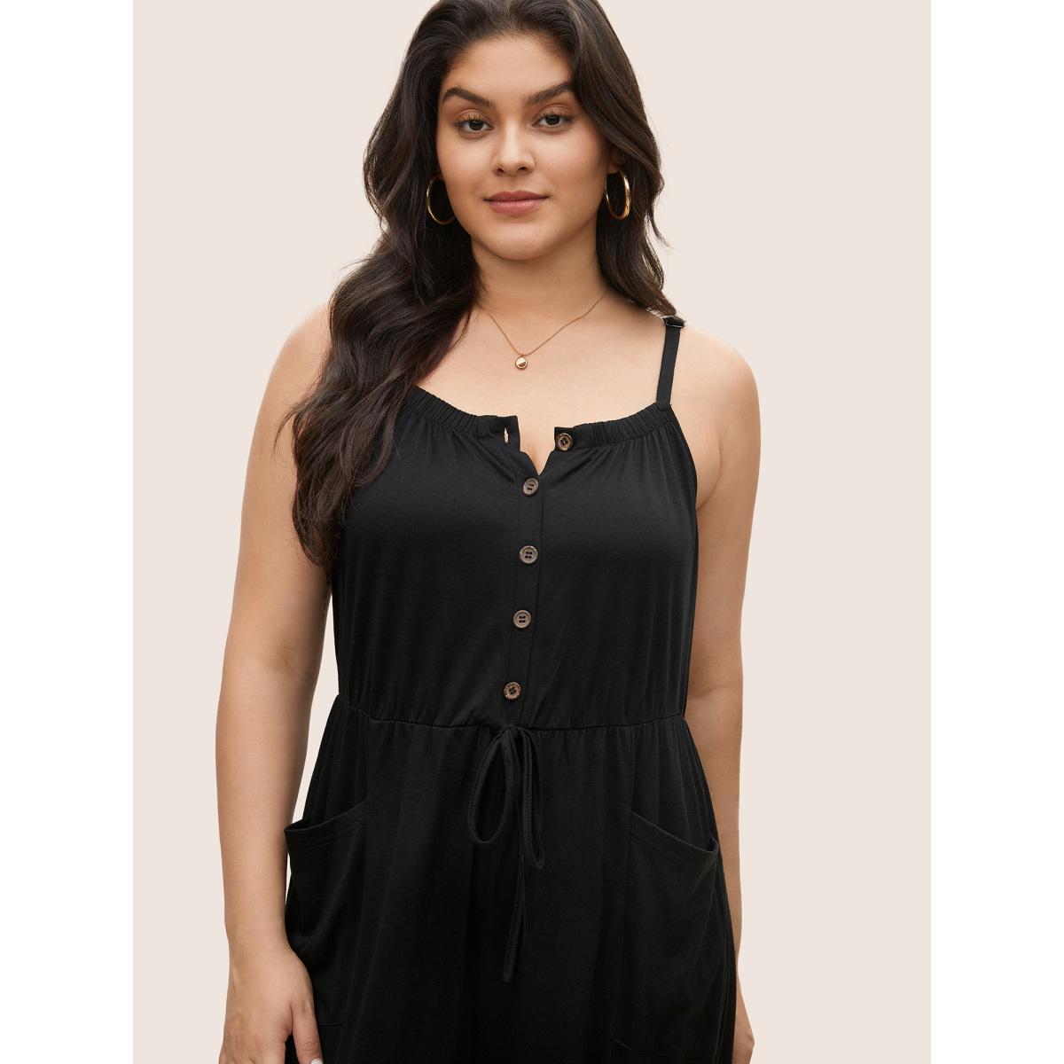 Plus Size Black Plain Ties Patched Pocket Cami Jumpsuit Women Casual Sleeveless Non Everyday Loose Jumpsuits BloomChic 22-24/3X Product Image