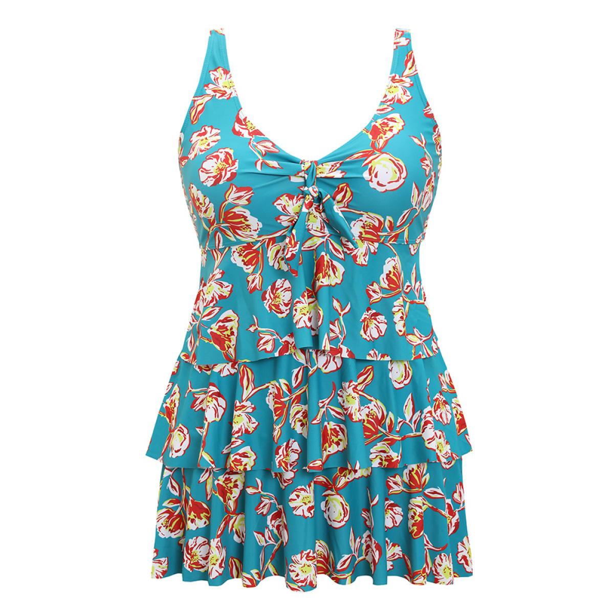 Plus Size Floral Adjustable Straps Knotted Ruched Ruffle Tiered Swim Dress Women's Swimwear Cerulean Vacation Bodycon V-neck High stretch Curve Swim Dresses BloomChic 26/4X Product Image