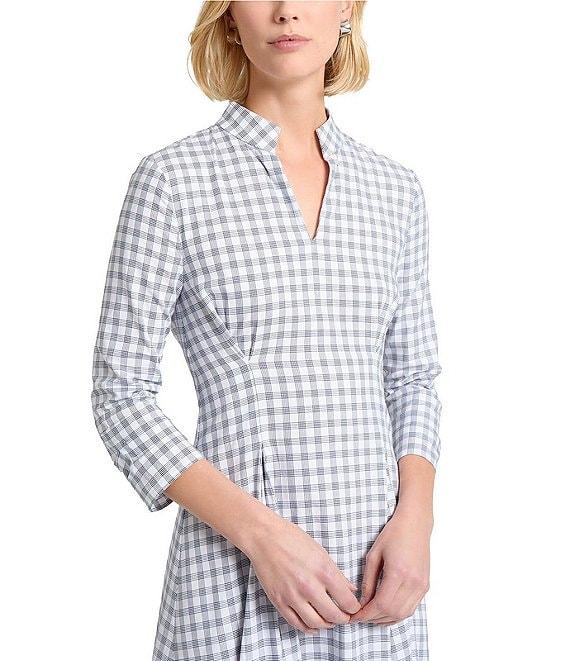 MISOOK Plaid Print Mandarin Split V-Neck 3/4 Sleeve Fit-And-Flare Midi Dress Product Image