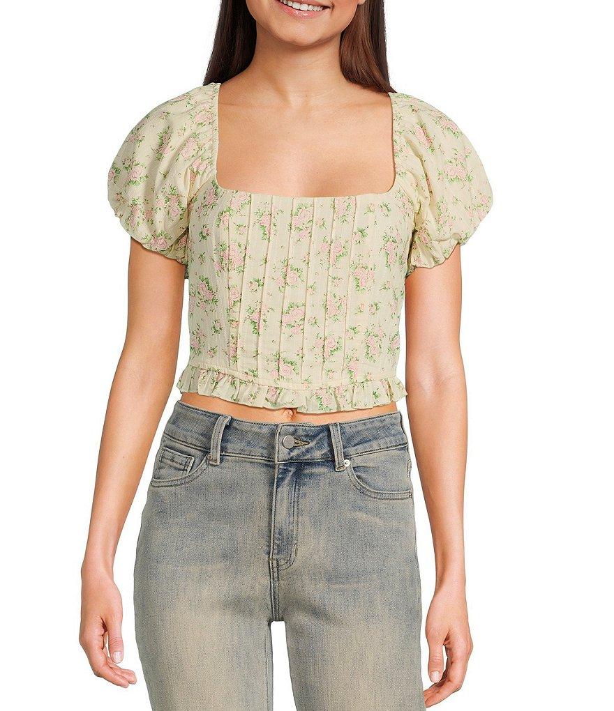 Evolutionary Floral Print Square Neck Short Puff Sleeve Top Product Image