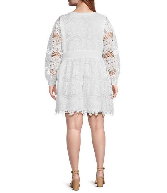 Layered With Love Plus Size V-Neck Long Sleeve Front Button Loop Scalloped Hem Lace Sheath Dress Product Image