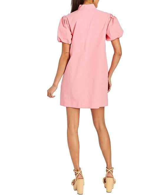 Mestiza New York Elliana Floral Embroidered Mandarin Collar Button Front Short Puff Sleeve Dress Product Image