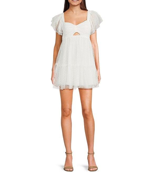 City Vibe Short Flutter Sleeve Tiered Ruched Front Bodice Dress Product Image