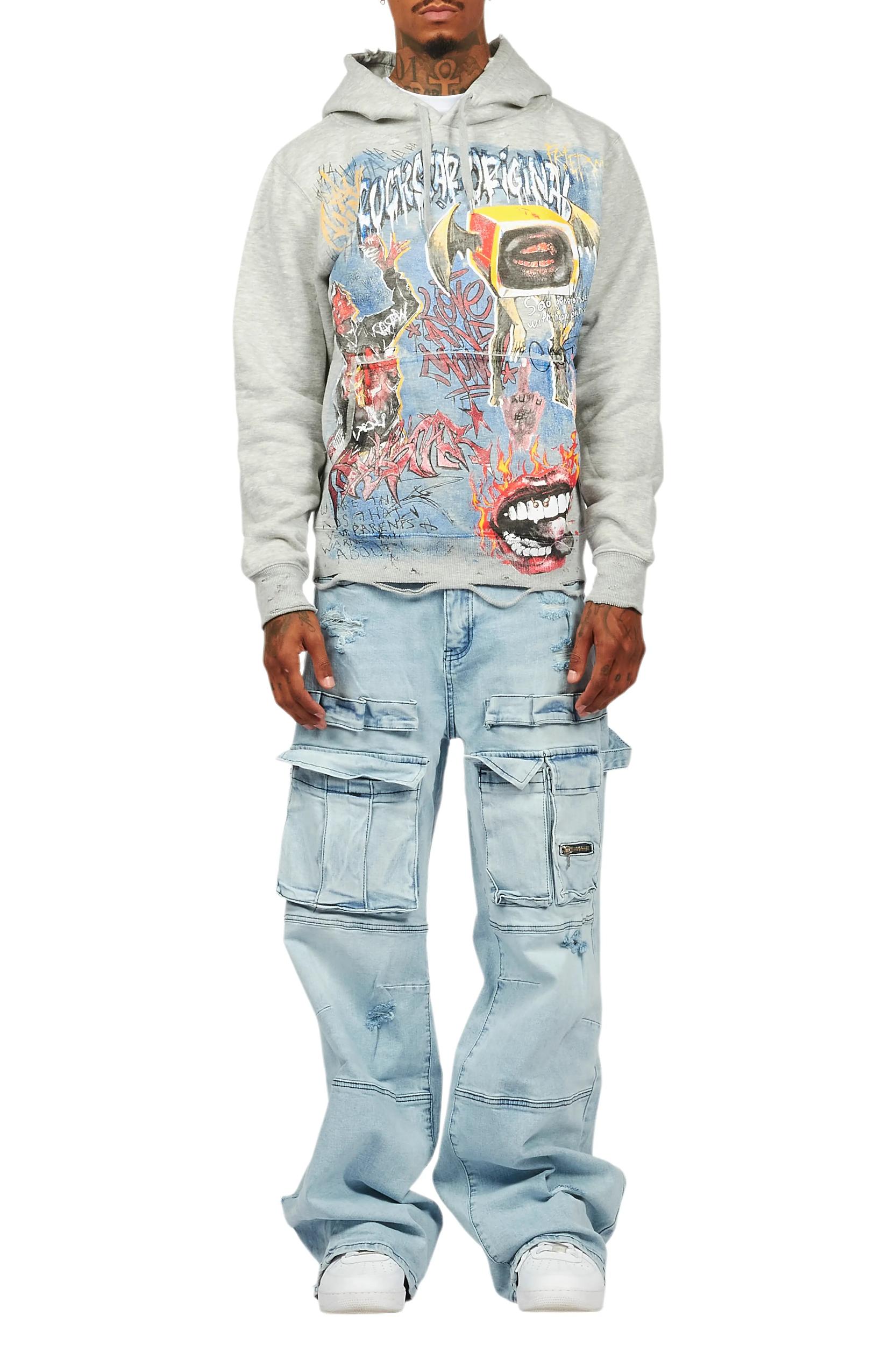 Yooz Heather Grey Hoodie & Deco Stacked Flare PU Jean Bundle Male Product Image
