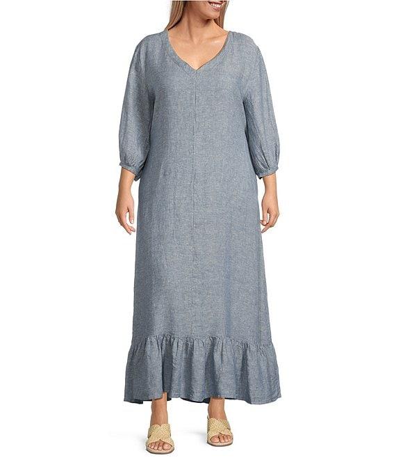 Bryn Walker Plus Lana Cross-Dyed Linen V-Neck 3/4 Sleeve Ruffle Hem Dress Product Image
