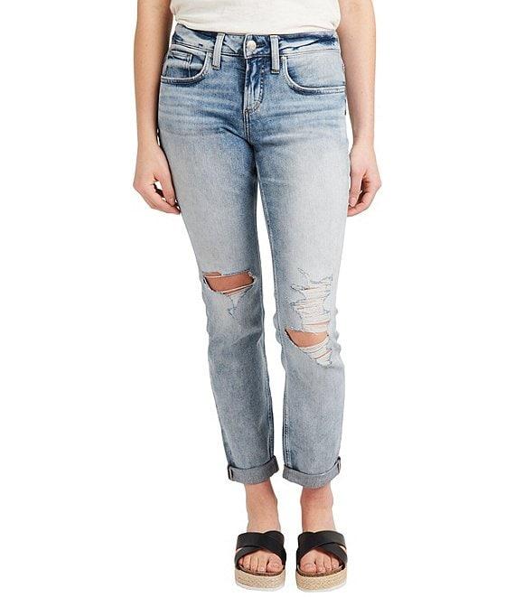 Silver Jeans Co. Mid Rise Cuffed Hem 29#double; Inseam Destructed Boyfriend Jeans Product Image
