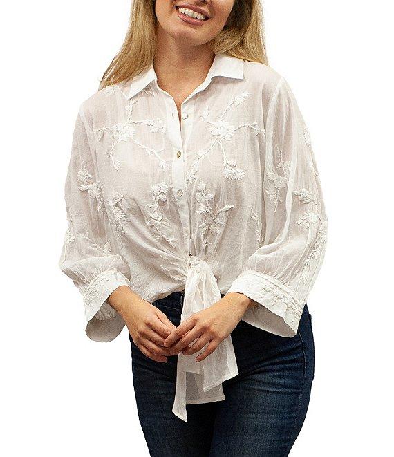 Karyn Seo Alanis Hand-Embroidered Spread Collar Long Sleeve Button-Front Self-Tie Blouse Product Image