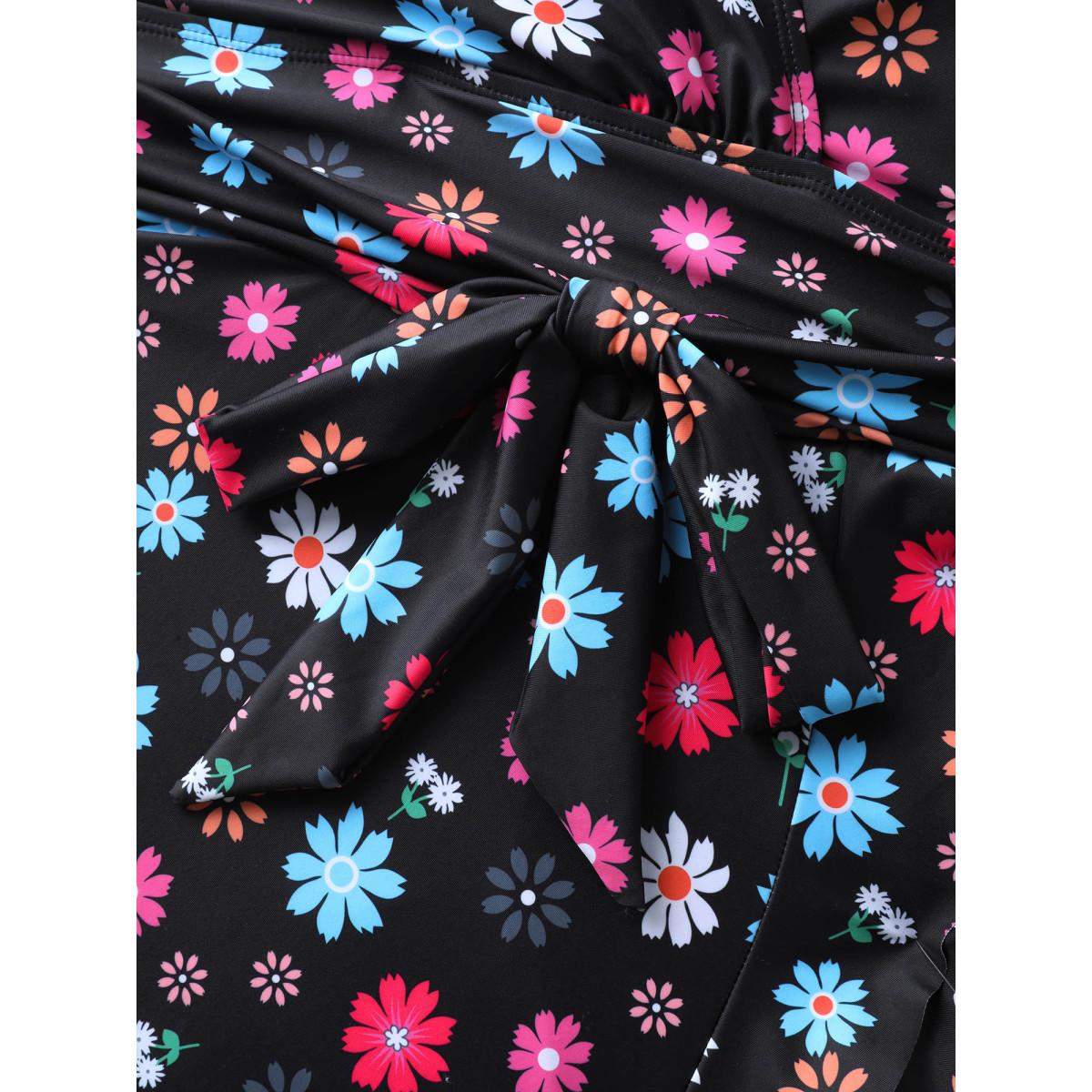 Plus Size Colorful Floral Print Fit Flare Swim Dress Women's Swimwear Black Resort Bodycon Overlap Collar High stretch Curve Swim Dresses BloomChic 22-24/3X Product Image