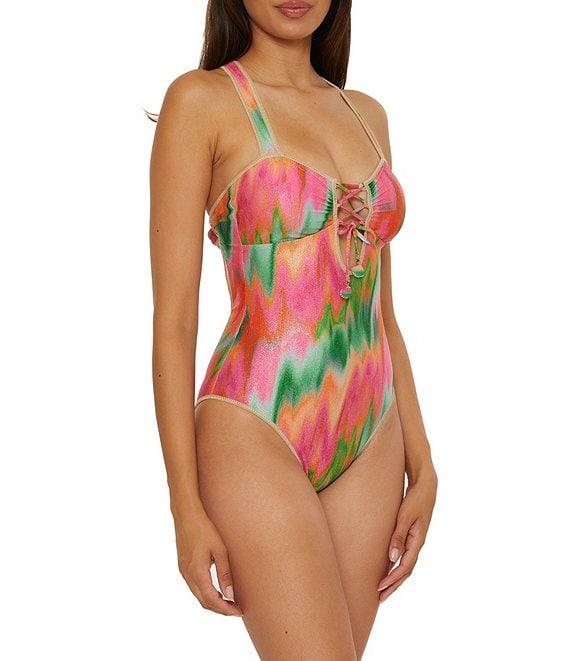 Becca By Rebecca Virtue Mirage Metallic Sweetheart Neck Lace-Up Bandeau One Piece Swimsuit Product Image