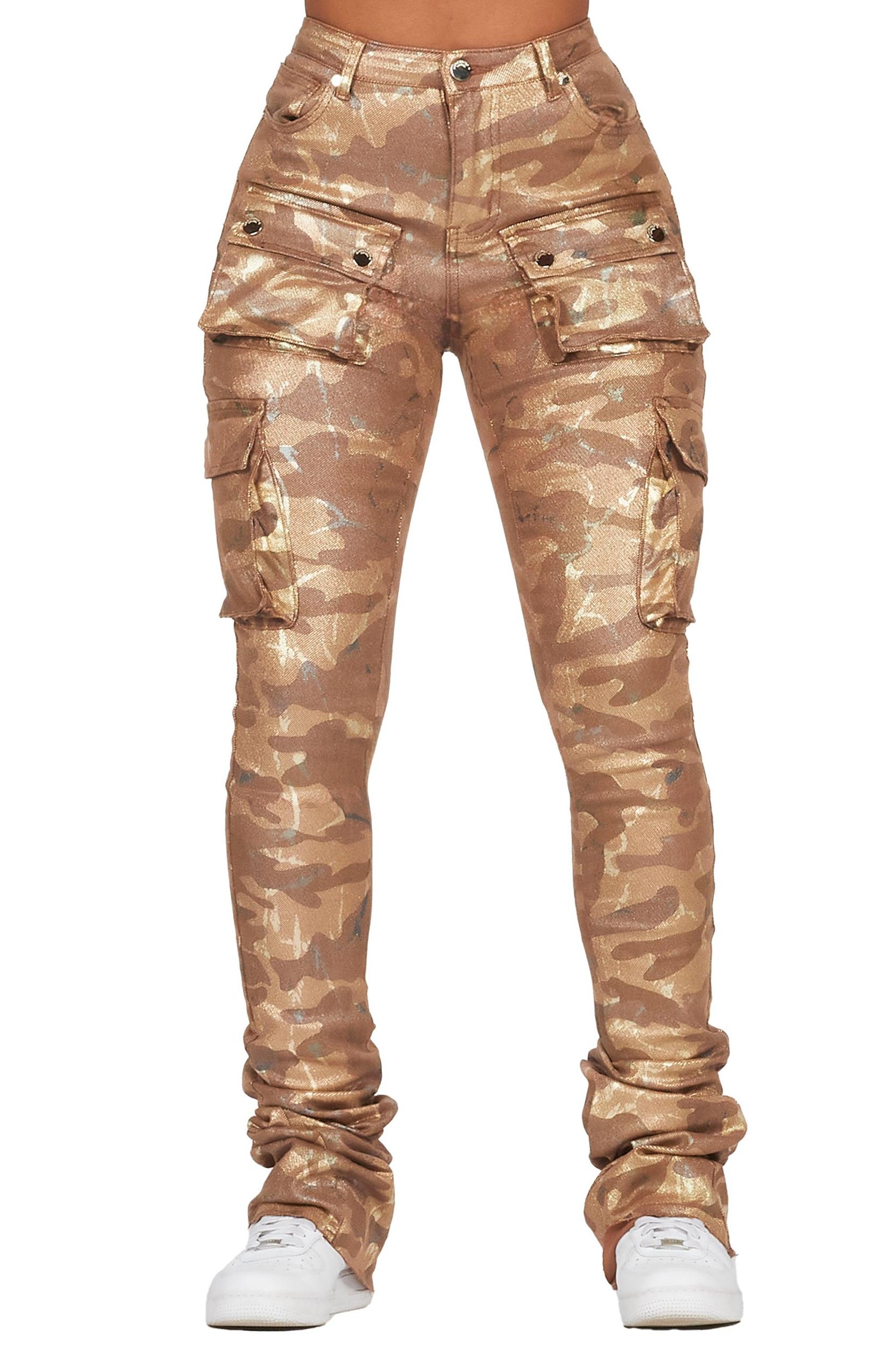Miyah Brown Camo Cargo Super Stacked PU Pant Female Product Image