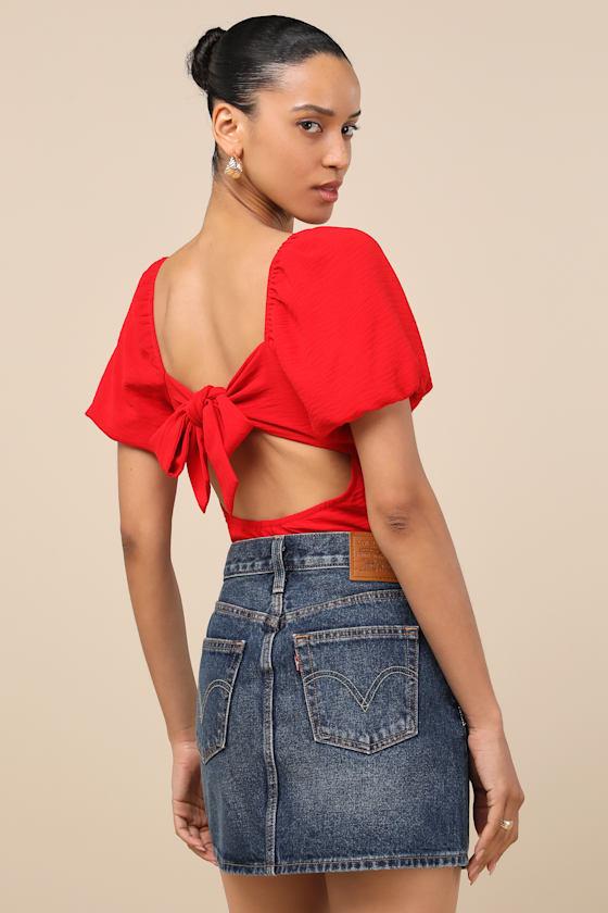 Abundance of Love Red Textured Puff Sleeve Tie-Back Bodysuit Product Image