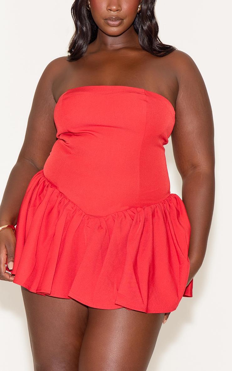 Plus Tomato Red Woven Bandeau Dropped Waist Romper Product Image