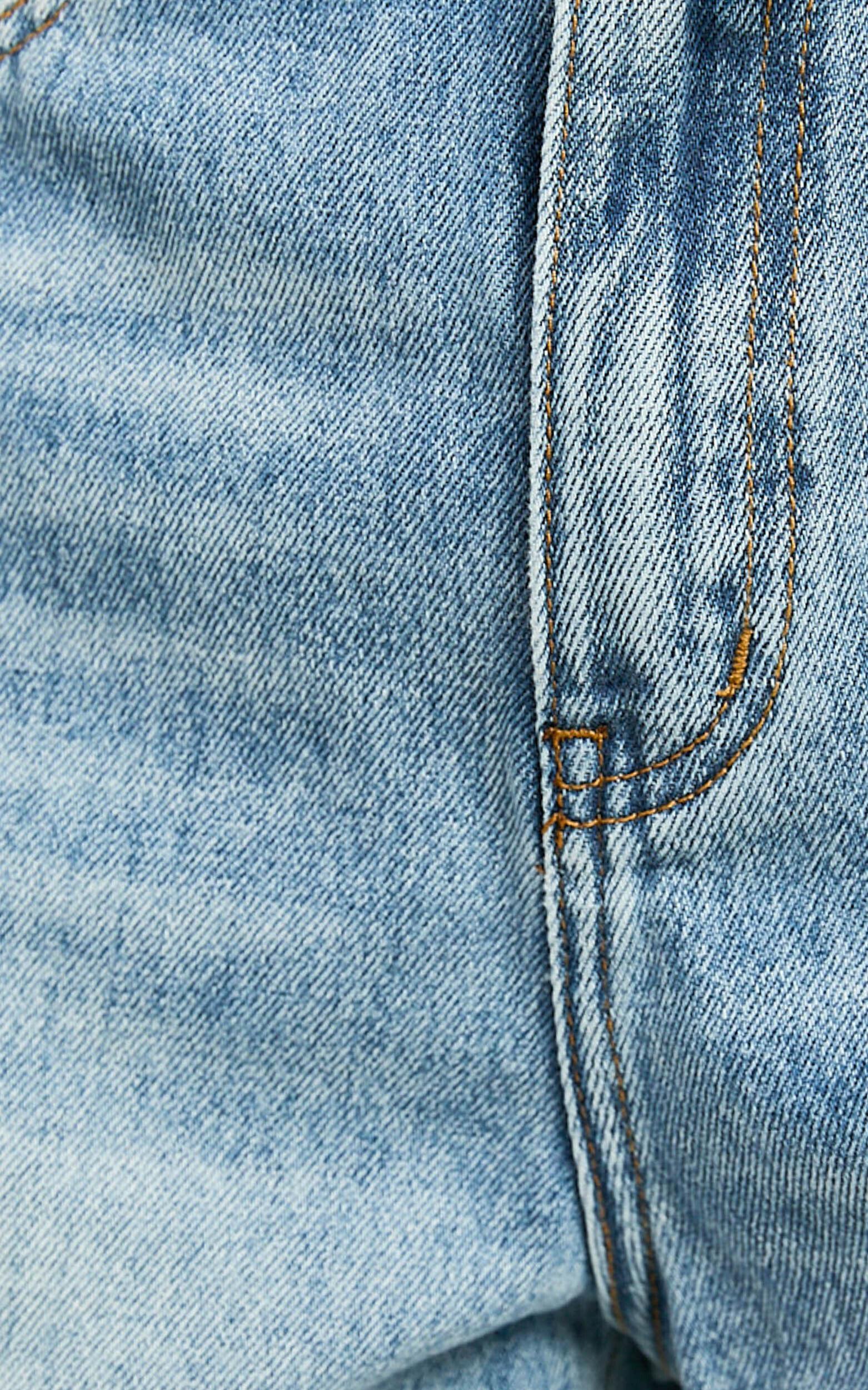 Tisdale Shorts - High Waist Frayed Hem Recycled Denim Mom Shorts in Mid Blue Wash Product Image