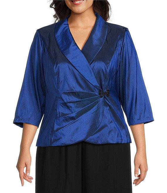 Alex Evenings Plus Size 3/4 Sleeve Collared V-Neck Taffeta Blouse Product Image