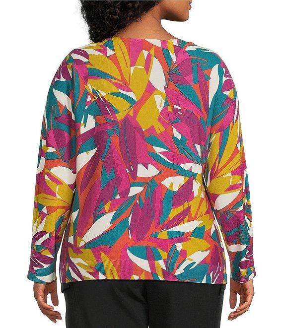 Investments Plus Size Stained Leaves Long Sleeve Boat Neck Pullover Sweater Product Image