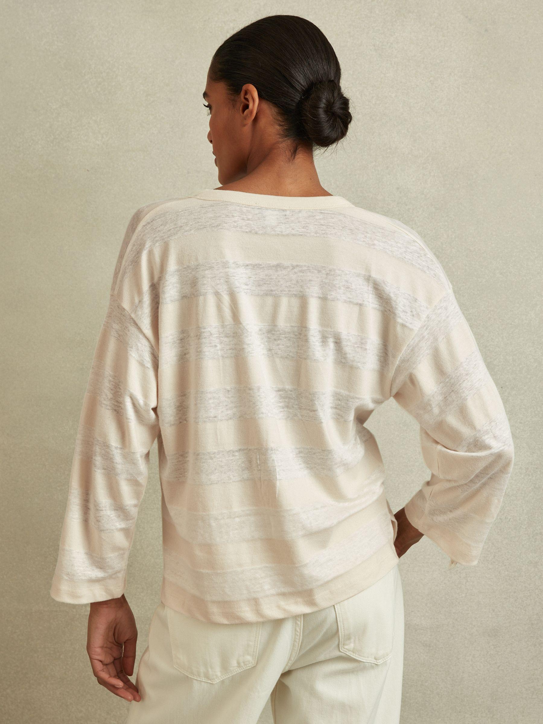 Linen-Cotton Striped Henley Top in Neutral/Ivory Product Image