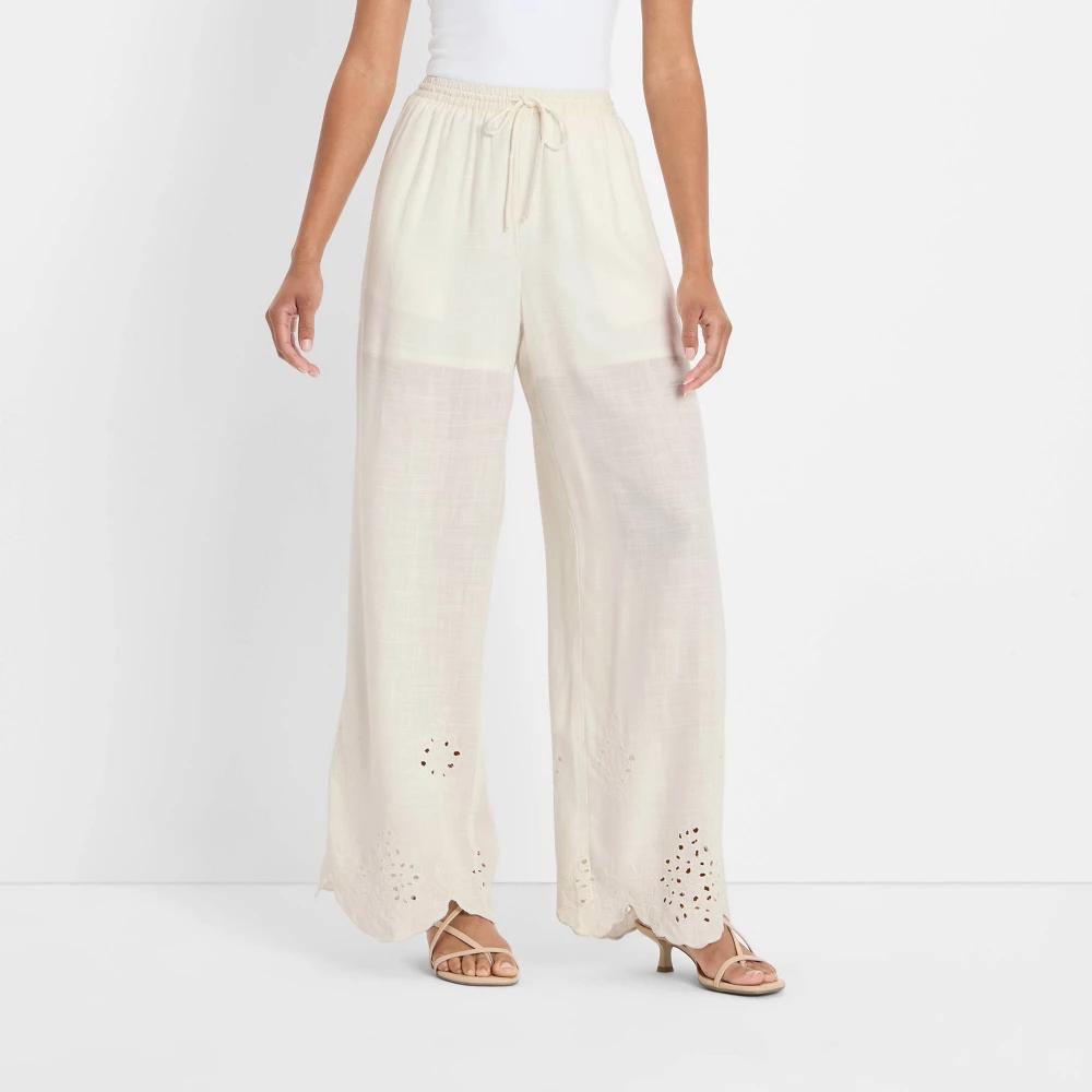 Women's High-Rise Wide Leg Embellished Eyelet Pull-On Pants - Future Collective Cream XXL Product Image