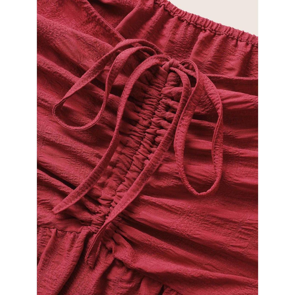 Plus Size Plain Ruched Drawstring Pocket Ruffle Tiered Dress Raspberry Women Elegant Non V-neck Short sleeve Curvy Midi Dress BloomChic 10/M Product Image
