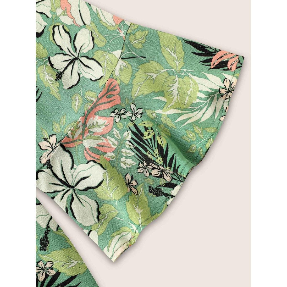 Plus Size Mint Tropical Print Keyhole Flutter Sleeve Blouse Women Resort Elbow-length sleeve Round Neck Vacation Blouses BloomChic 22-24/3X Product Image