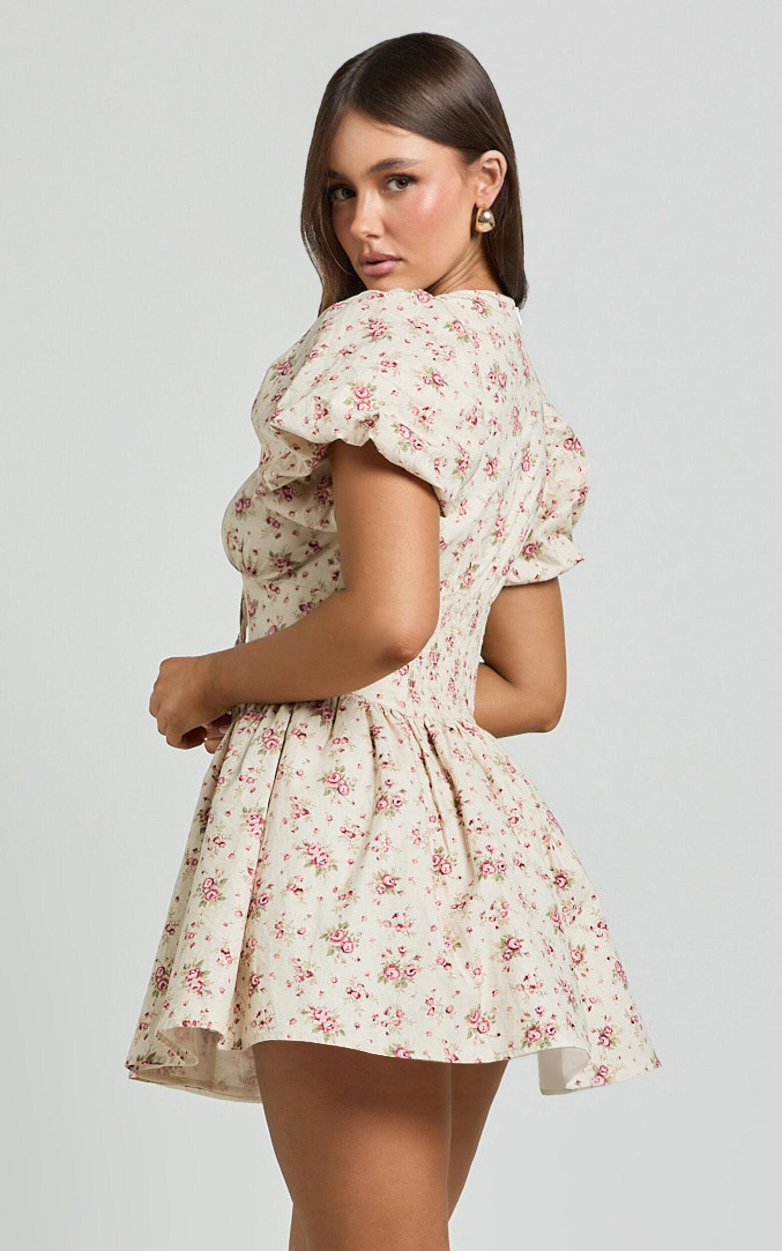 Evans Mini Dress - Short Sleeve Shirred Back Plunge Dress in Pink Floral Product Image