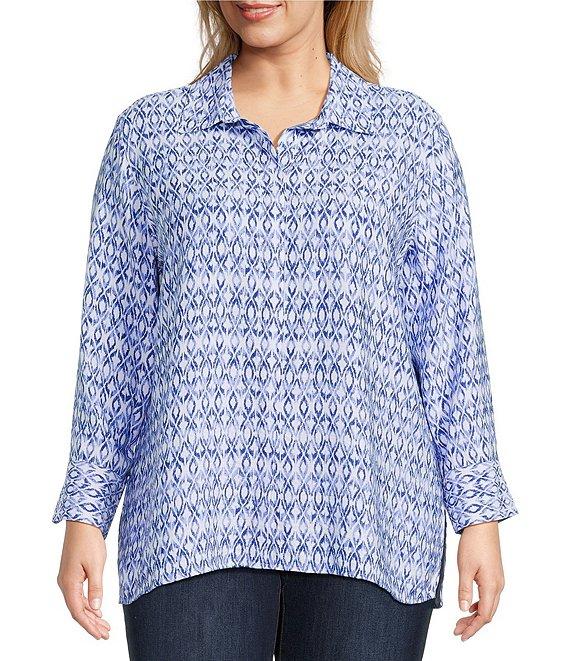John Mark Plus Size Allover Ikat Print Point Collar 3/4 Sleeve Hi-Low Hem Button-Front Shirt Product Image