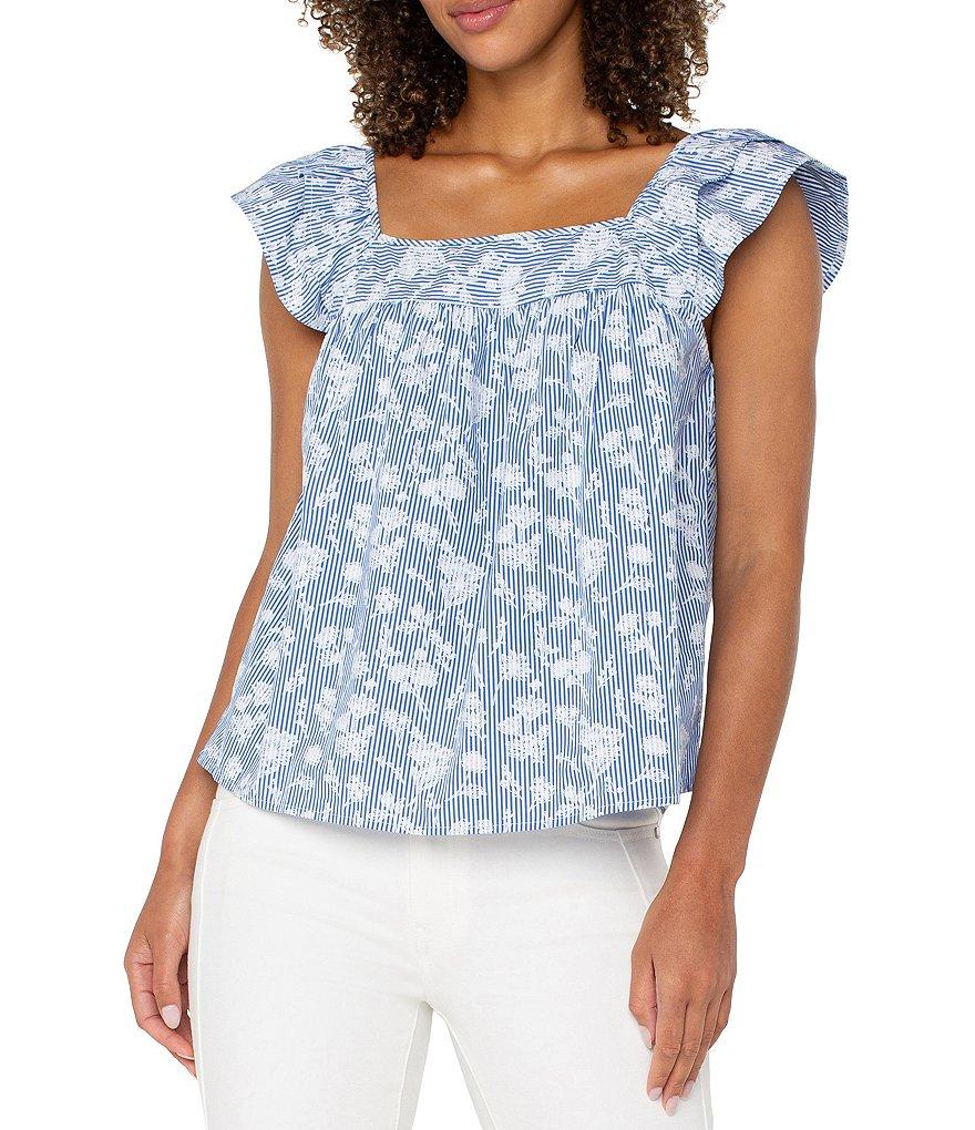 Liverpool Los Angeles Poplin Floral Print Square Neck Short Sleeve Top Product Image