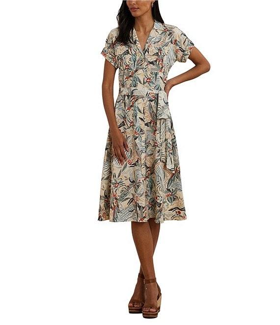 Lauren Ralph Lauren Crepe de Chine Abstract Print Camp Collar Short Sleeve Belted Shirt Dress Product Image
