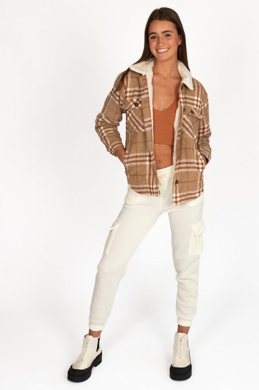 Camel Sherpa Collar Plaid Trucker Jacket Product Image