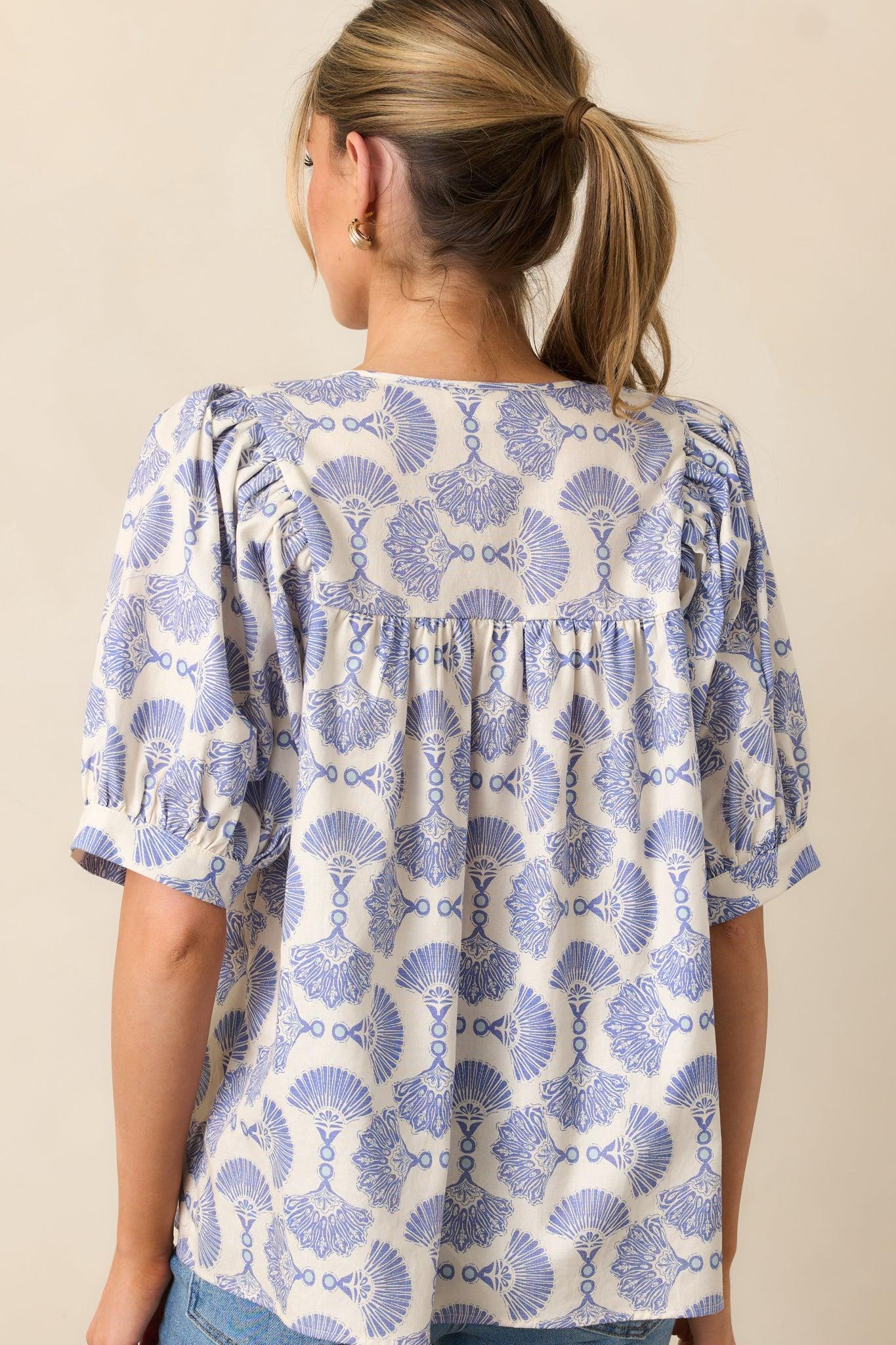 River Cruise Cotton Blue Print Blouse Product Image
