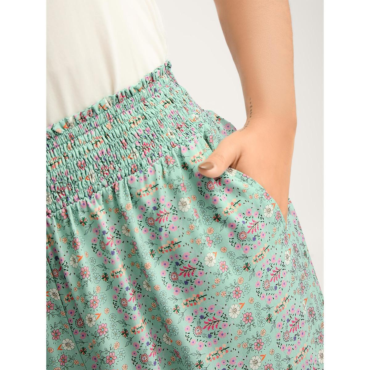 Plus Size Shirred Waist Floral Print Wide-Leg Pants Women Malachitegreen Beach Wide Leg Mid Rise Vacation Pants BloomChic 18-20/2X Product Image