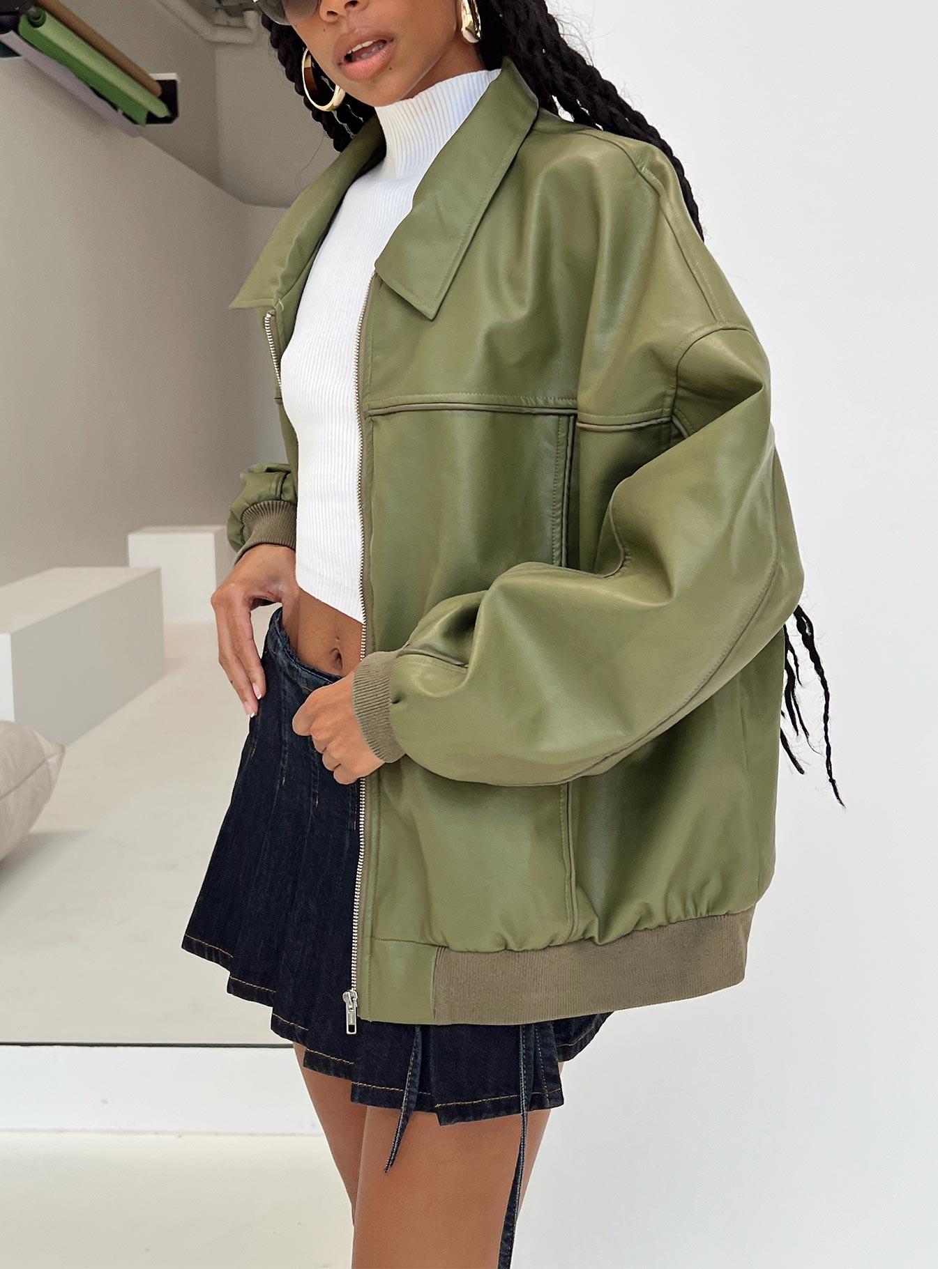 Goldsmith Faux Leather Bomber Jacket Green Product Image