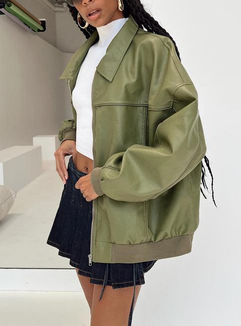 Goldsmith Faux Leather Bomber Jacket Green Product Image
