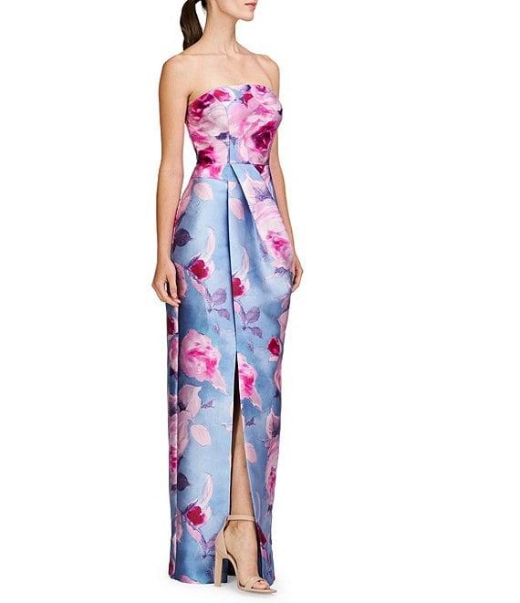 Kay Unger Mikado Floral Print Strapless Neck Sleeveless Pleated Sheath Gown Product Image