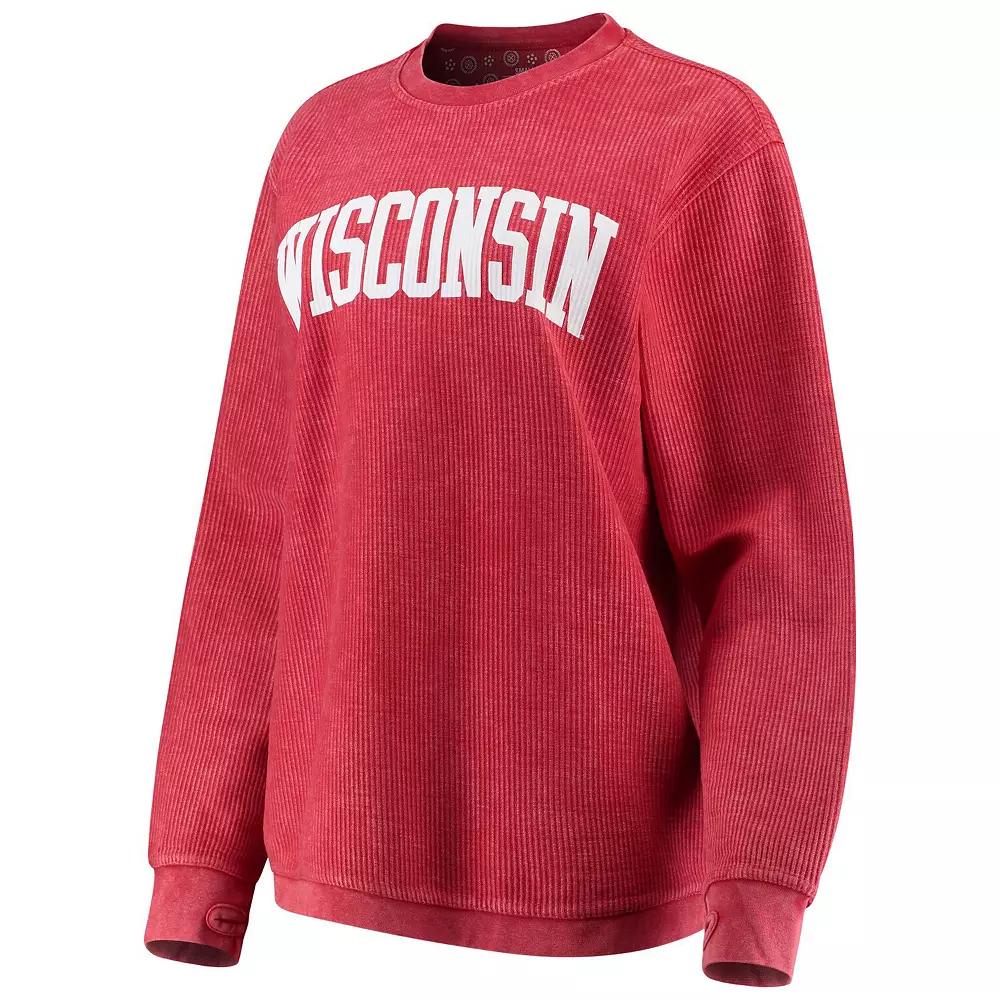 Women's Pressbox Red Wisconsin Badgers Comfy Cord Vintage Wash Basic Arch Pullover Sweatshirt,  Product Image