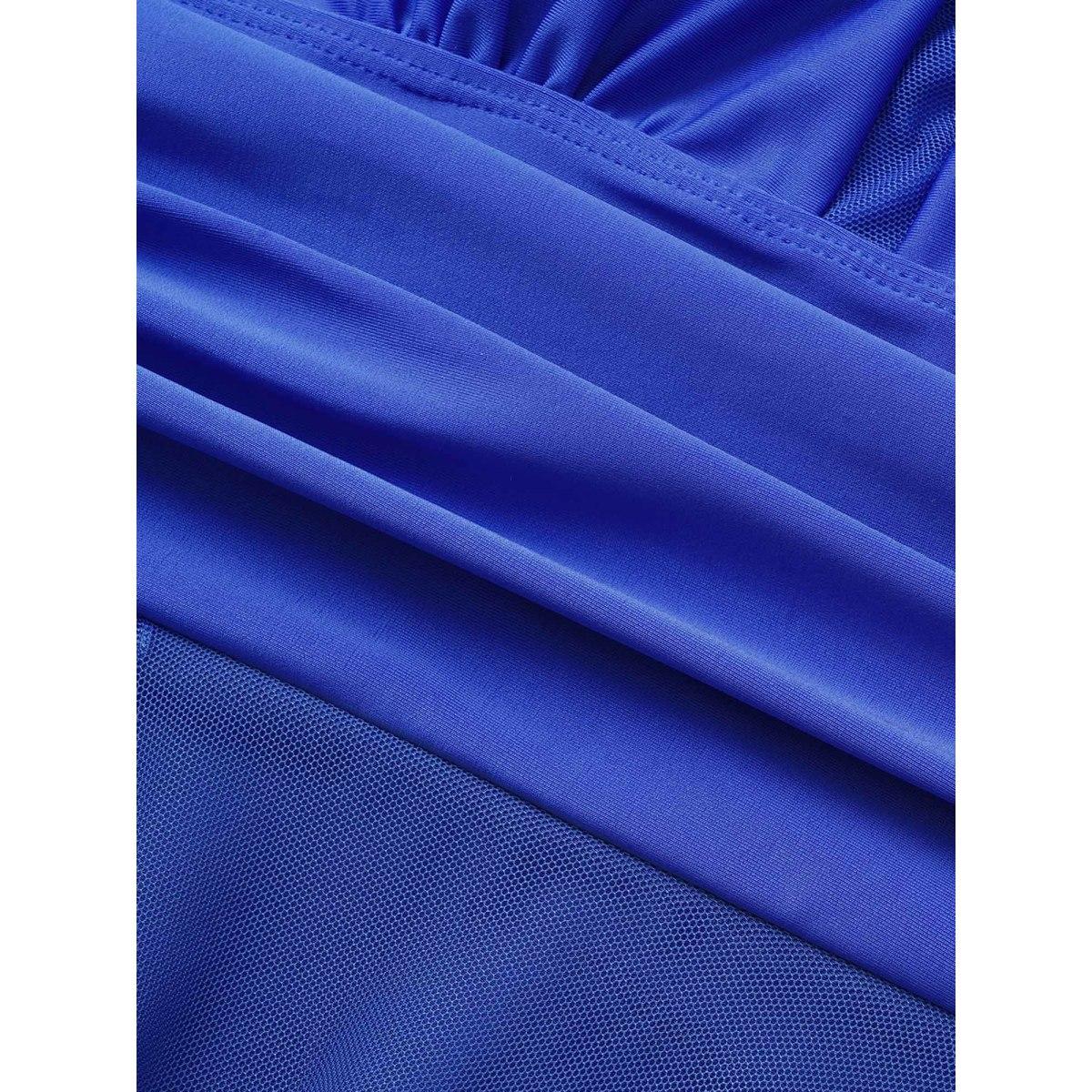 Plus Size Knotted Back Mesh Insert Halter Swim Dress Women's Swimwear Blue Beach Bodycon Round Neck High stretch Curve Swim Dresses BloomChic 10/M Product Image